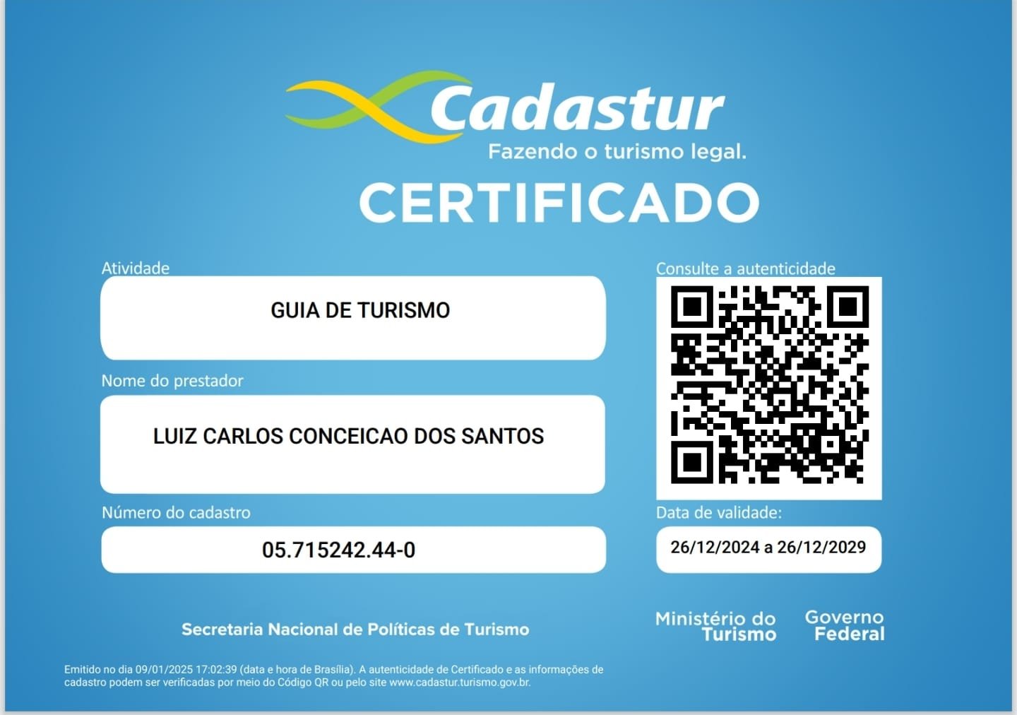 Certificado Cadastur - Guia de Turismo